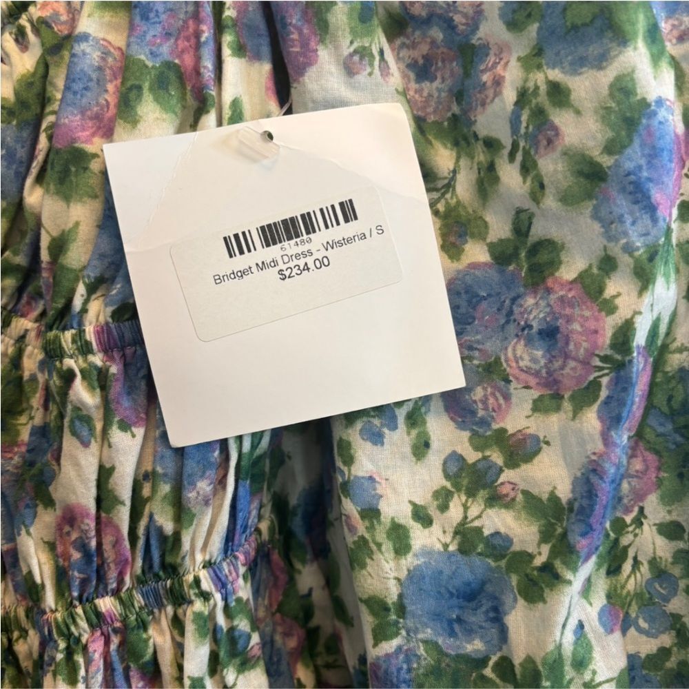 For Love & Lemons NWT Bridget Wisteria Floral Midi Dress S Cotton Puff Sleeve - Picture 5 of 7